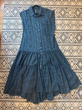 Free People Dusty Teal Eyelet Button-Front Midi Dress